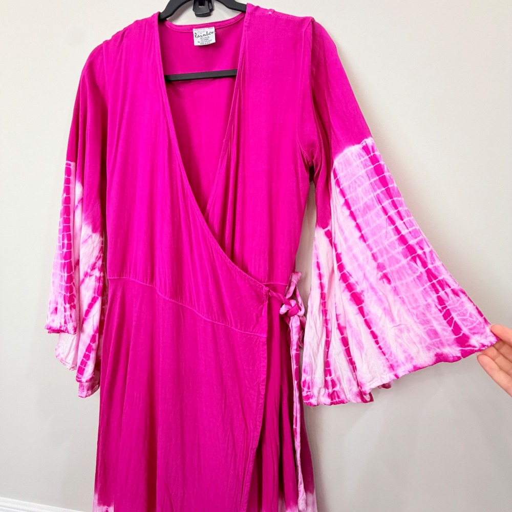 Rainbow Womens OS Wrap Dress Pink Tie Dye Bell Sleeve Boho Maxi Boho Beach